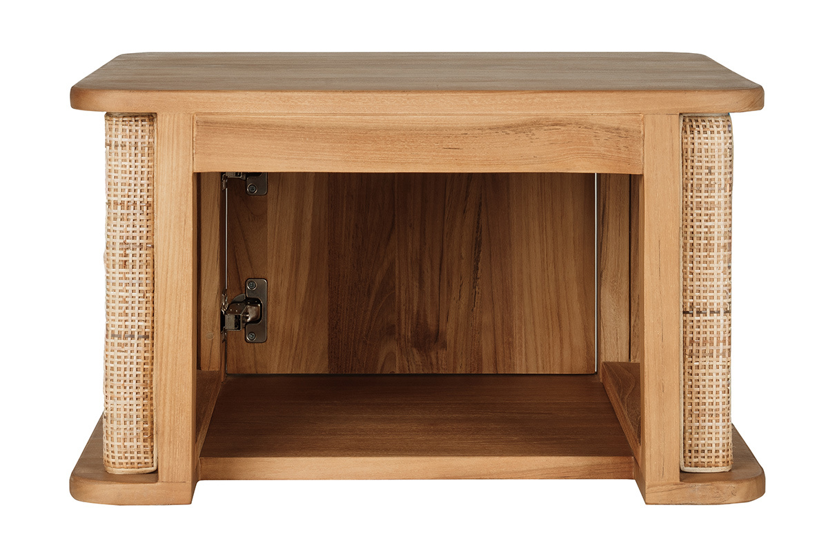 Mueble de ba�o suspendido de madera de teca y rejilla de rat�n, vista trasera, L60 cm.