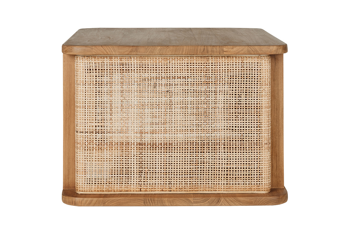 Mueble de ba�o suspendido de madera de teca y rejilla de rat�n, vista de perfil