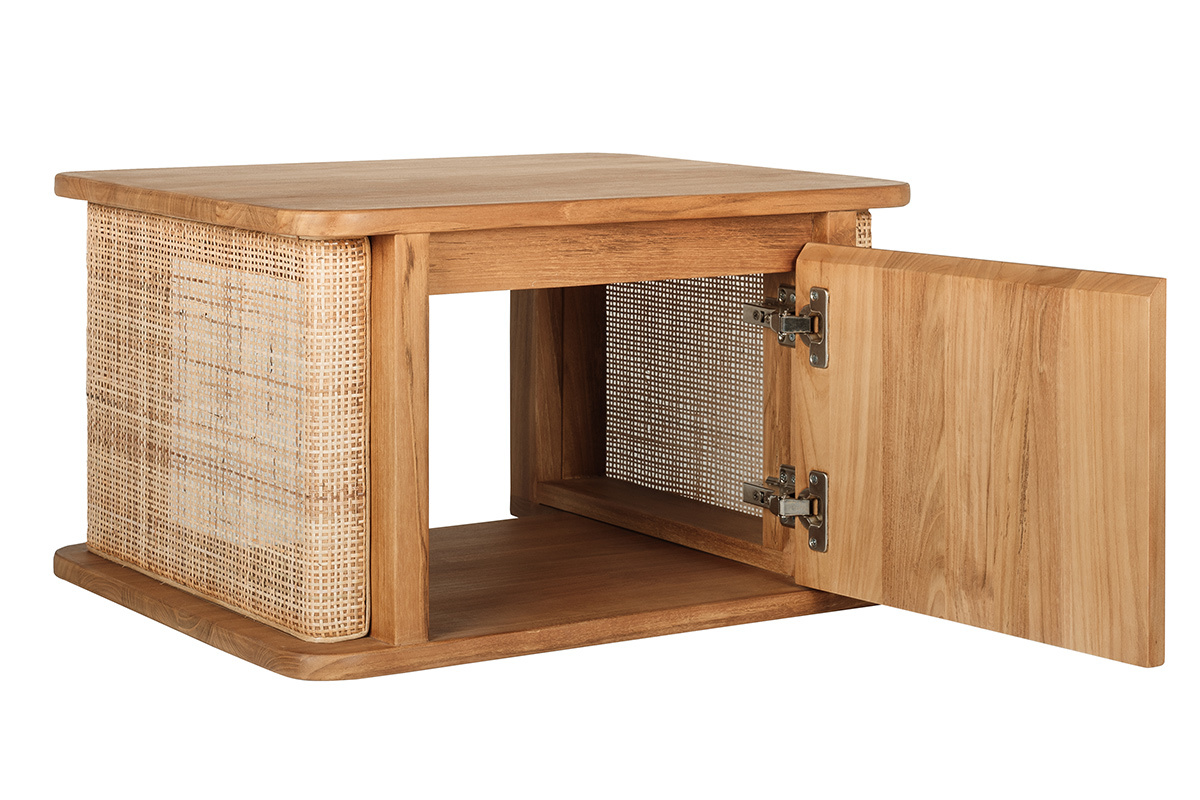 Mueble de ba�o suspendido de madera de teca maciza con puerta de rejilla de rat�n, vista frontal.