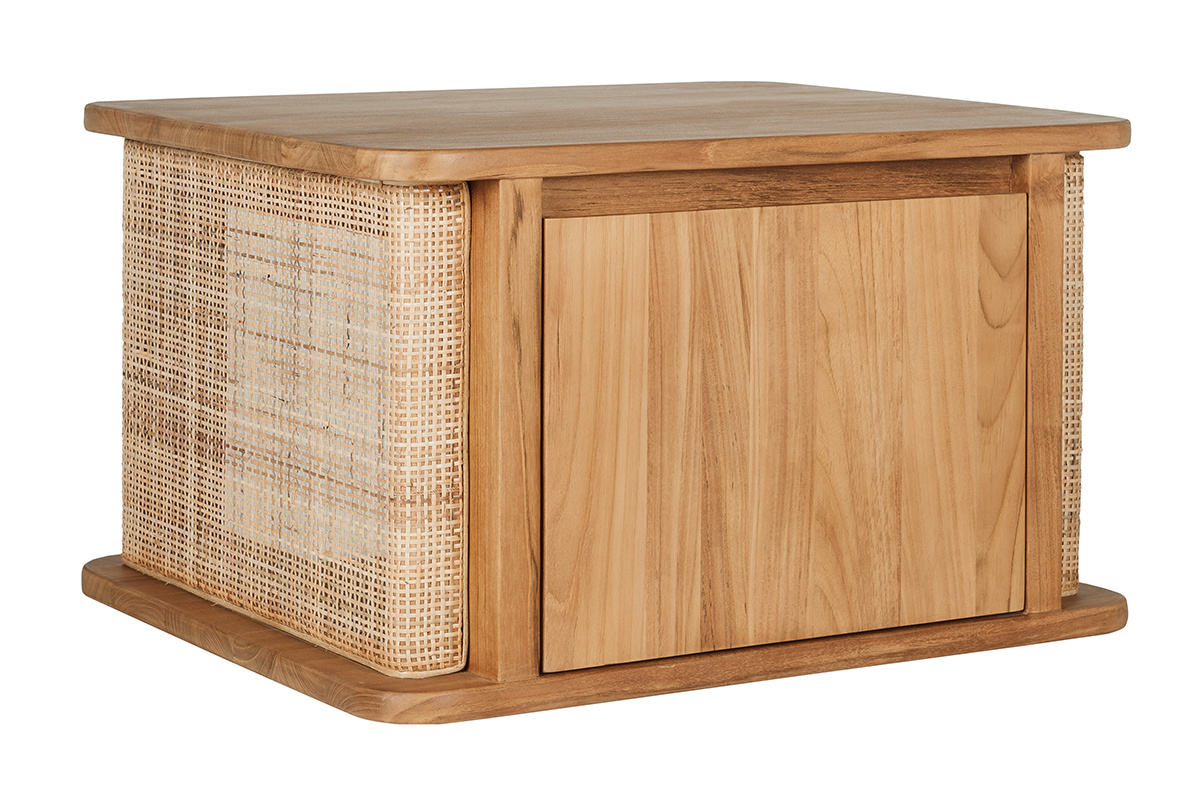 Mueble de ba�o suspendido de madera de teca con cannage, vista en tres cuartos.
