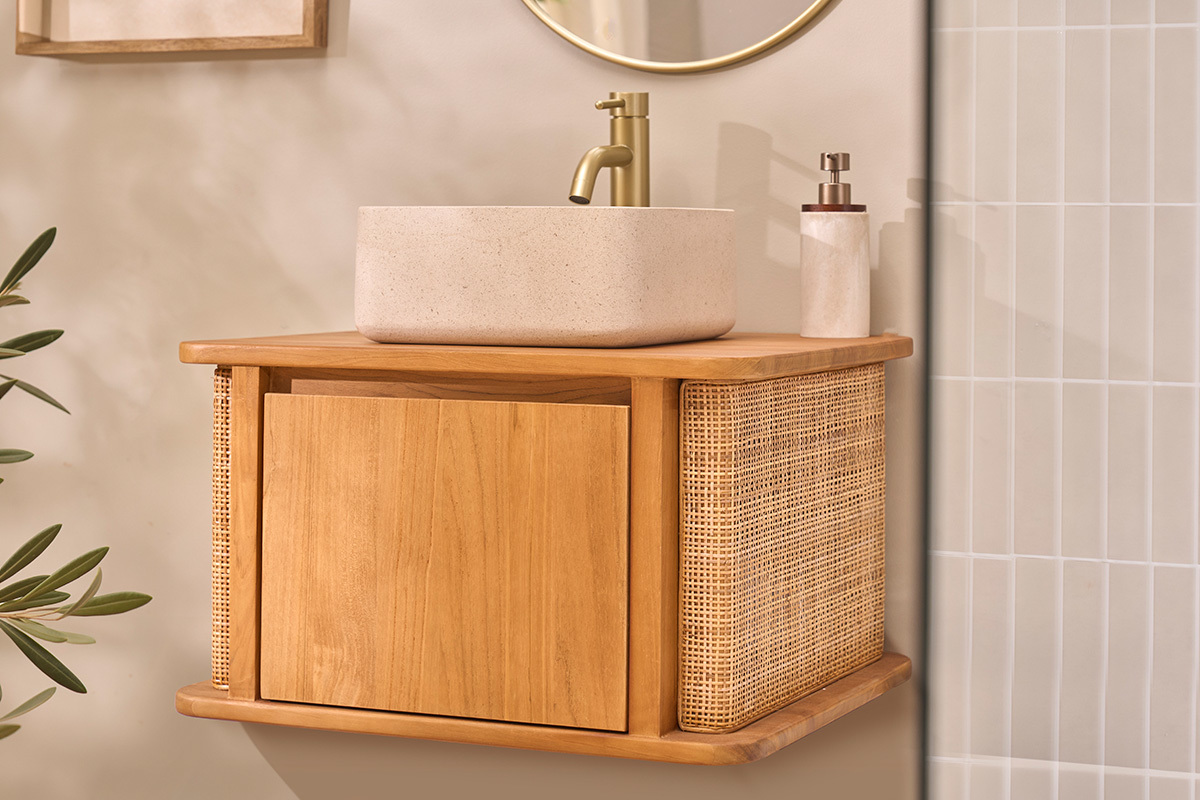 Mueble de ba�o suspendido de madera maciza de teca y rejilla de rat�n L60 cm SOLEA