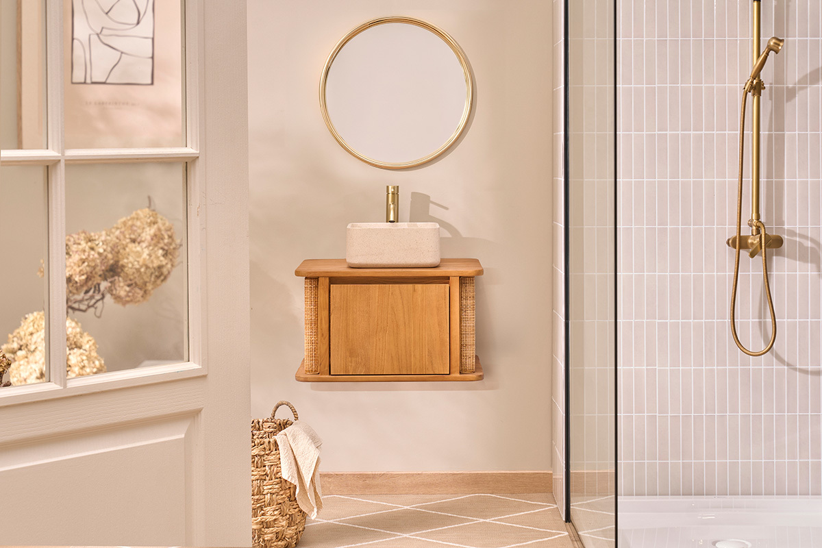 Mueble de ba�o suspendido de madera maciza de teca y rejilla de rat�n L60 cm SOLEA