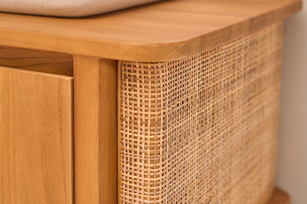 Mueble de ba�o suspendido de madera maciza de teca y rejilla de rat�n L60 cm SOLEA