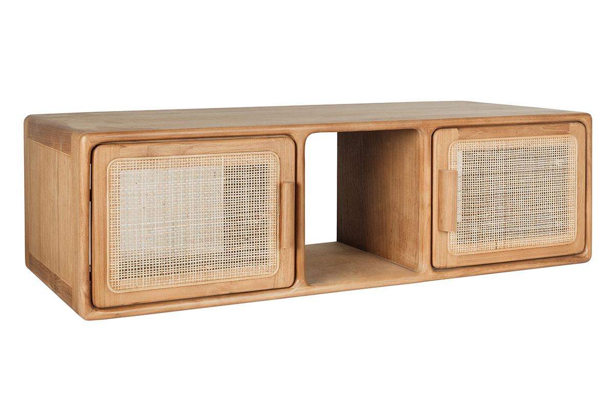 Mueble de ba�o suspendido en madera de teca maciza y rejilla de rat�n L120 cm BALIA