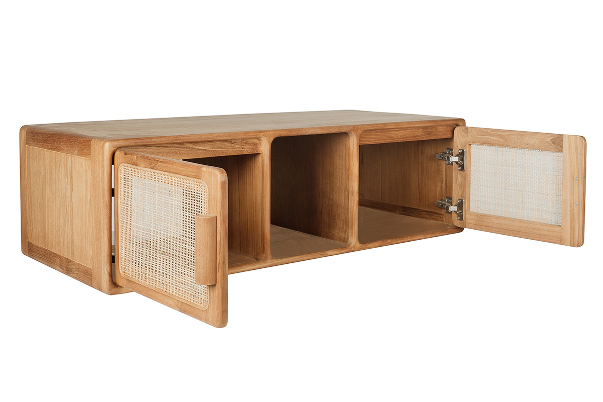 Mueble de ba�o suspendido en madera de teca maciza y rejilla de rat�n L120 cm BALIA