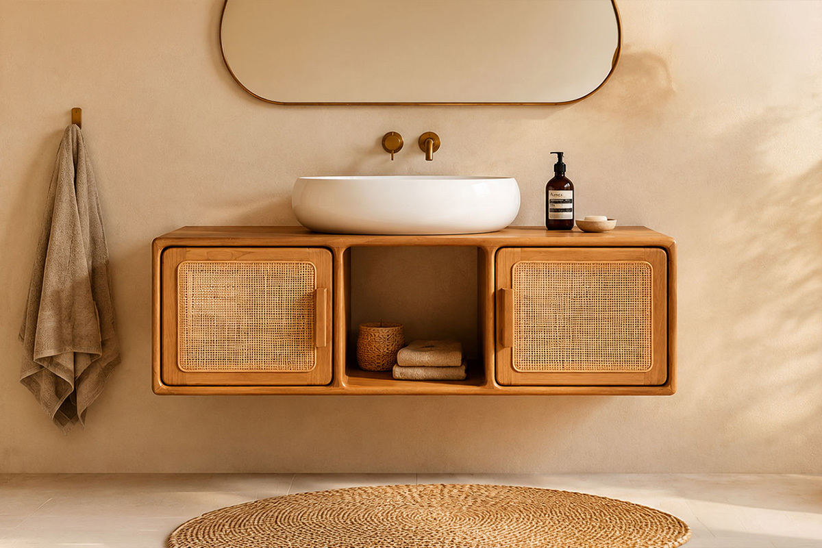 Mueble de ba�o suspendido de madera de teca y rejilla de rat�n, vista frontal con lavabo redondo.