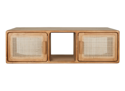 Mueble de ba&ntilde;o suspendido en madera de teca maciza y rejilla de rat&aacute;n L120 cm BALIA