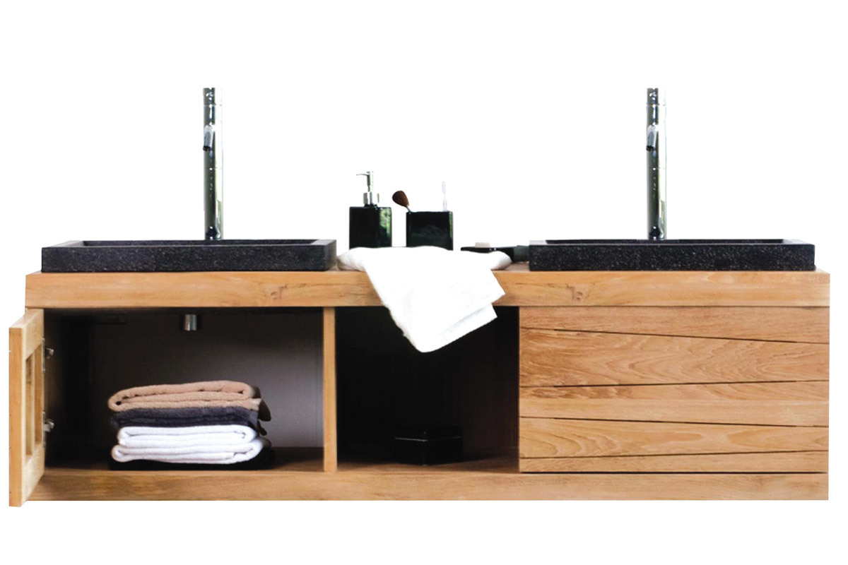 Mueble de cuarto de bao de pared doble lavabo en teca ANKO
