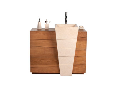 Mueble de cuarto de ba&ntilde;o dise&ntilde;o &eacute;tnico en teca y granito lavabo encastrado ARU