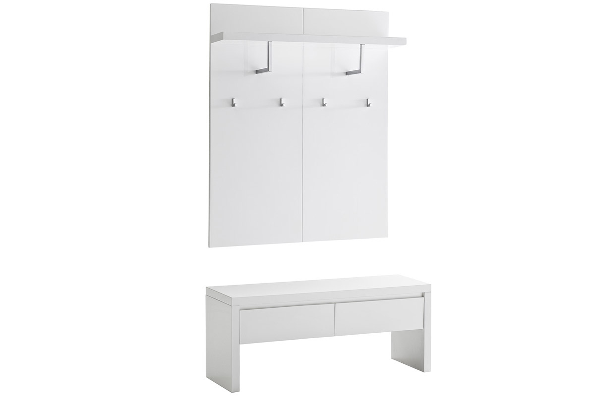 Mueble de entrada blanco lacado con banco 2 cajones y perchero WELCOME