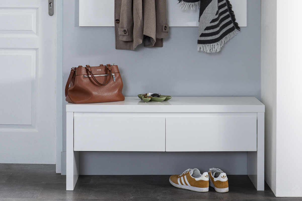 Mueble de entrada blanco lacado con banco 2 cajones y perchero WELCOME