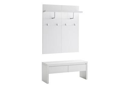 Mueble de entrada blanco lacado con banco 2 cajones y perchero WELCOME - Mueble de entrada blanco lacado con banco 2 cajones y perchero WELCOME