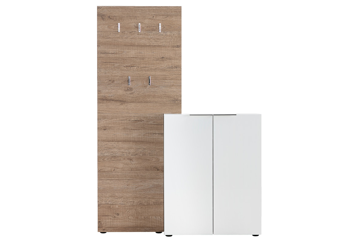 Mueble de entrada madera y blanco lacado con armario y estantera perchero HALL