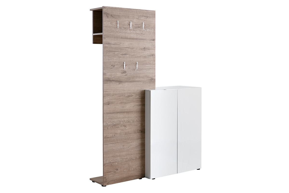 Mueble de entrada madera y blanco lacado con armario y estantera perchero HALL