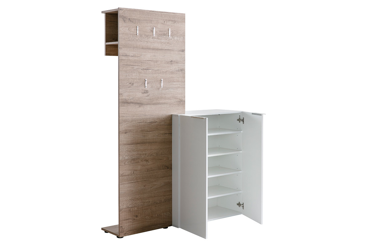 Mueble de entrada madera y blanco lacado con armario y estantera perchero HALL