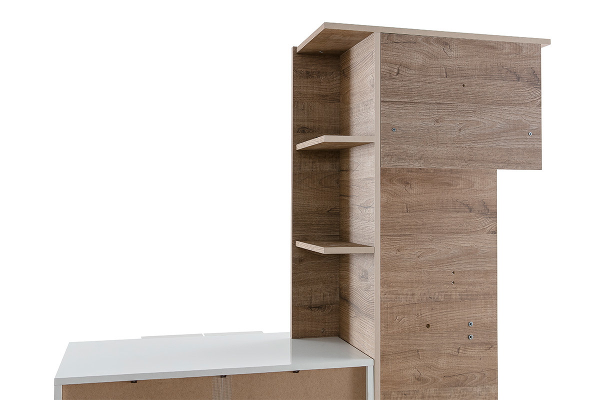 Mueble de entrada madera y blanco lacado con armario y estantera perchero HALL