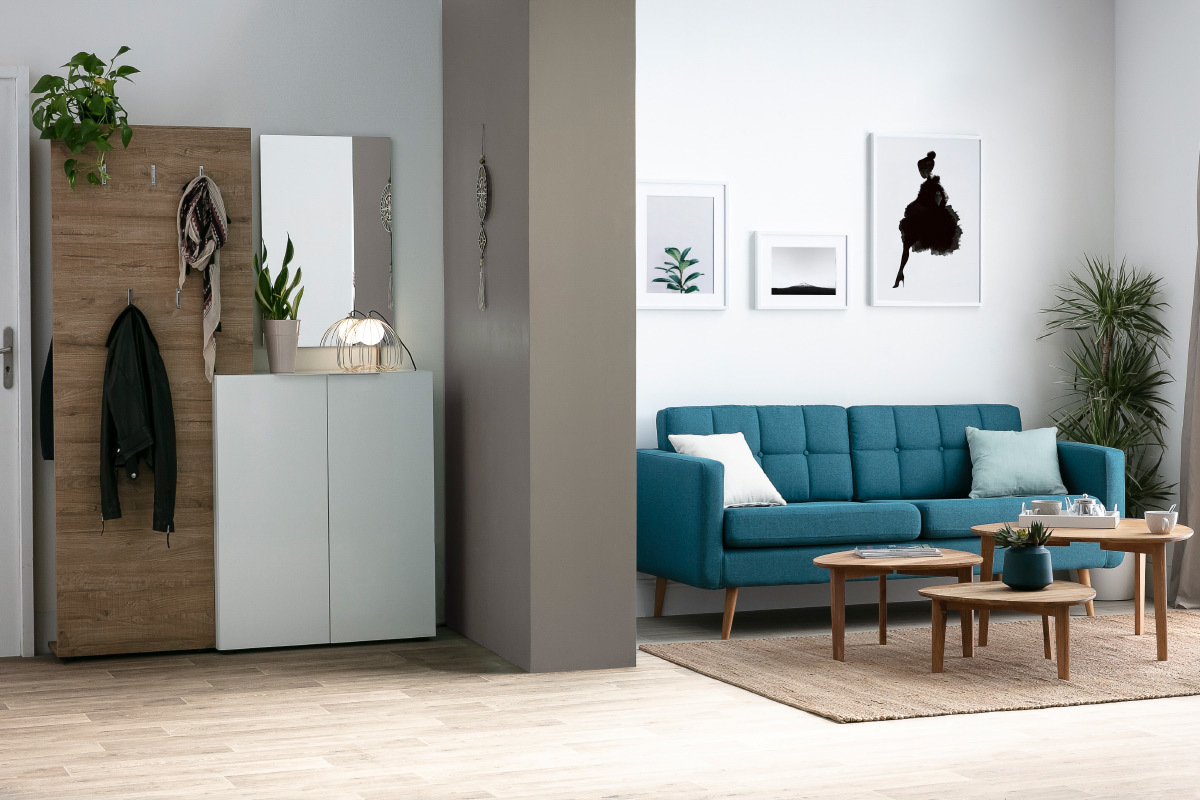 Mueble de entrada madera y blanco lacado con armario y estantera perchero HALL