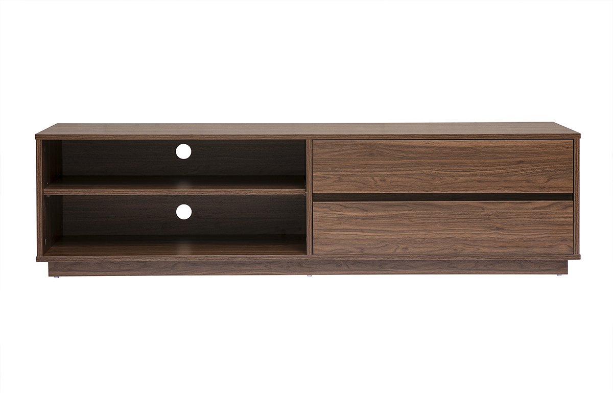 Mueble de TV de madera oscura de nogal, 2 cajones y 2 compartimentos, vista frontal.