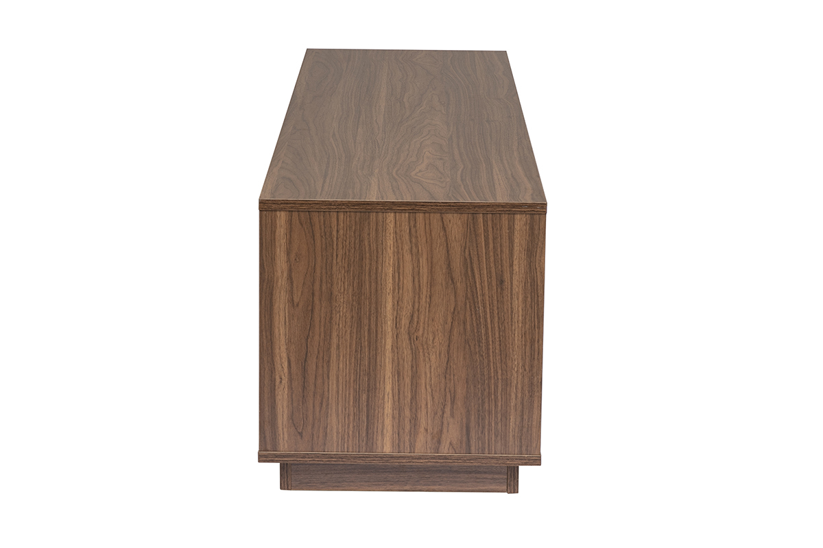 Vista lateral del mueble para TV MADERO en madera oscura de nogal.