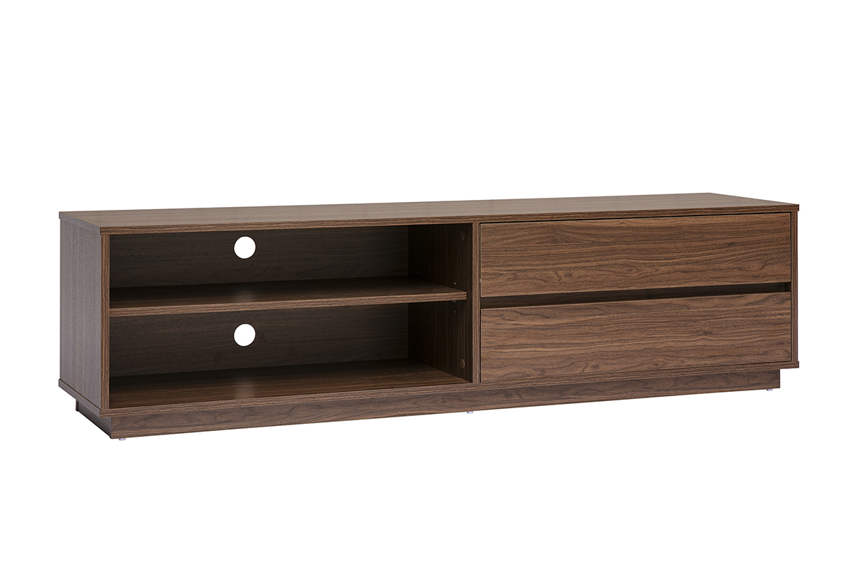 Mueble para TV de madera oscura de nogal con dos cajones y dos nichos abiertos, vista de 3/4.