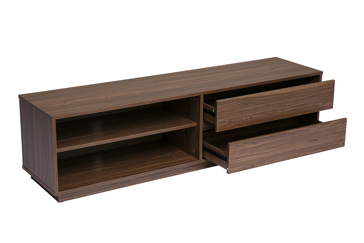 Mueble para TV de madera oscura de nogal, 2 cajones abiertos, 2 nichos, vista de 3/4.