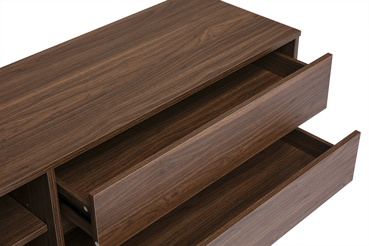 Mueble para TV de madera oscura con dos cajones abiertos, vista en �ngulo.