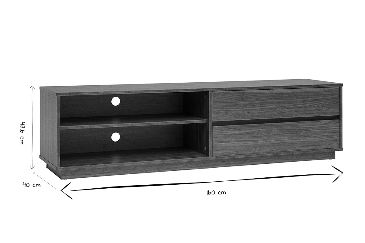 Mueble para TV de 2 cajones L160 cm MADERO en negro y blanco, dimensiones mostradas.
