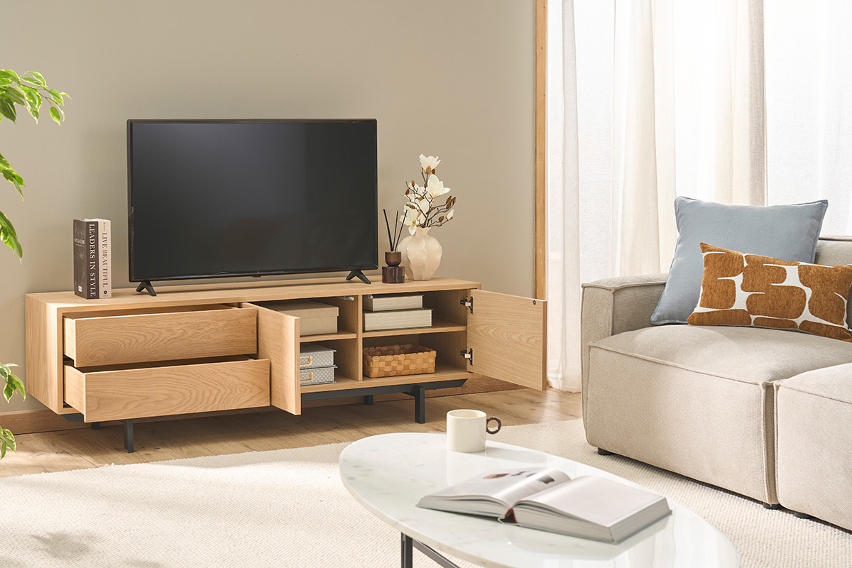 Mueble de TV acabado en roble con almacenamiento cerrado L160 cm MANNY