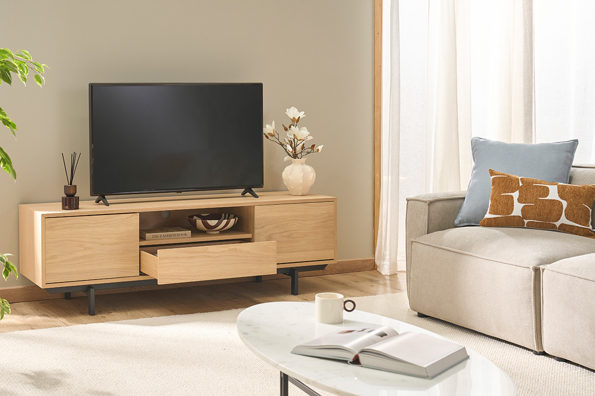 Mueble de TV acabado en roble con nicho abierto L160 cm MANNY