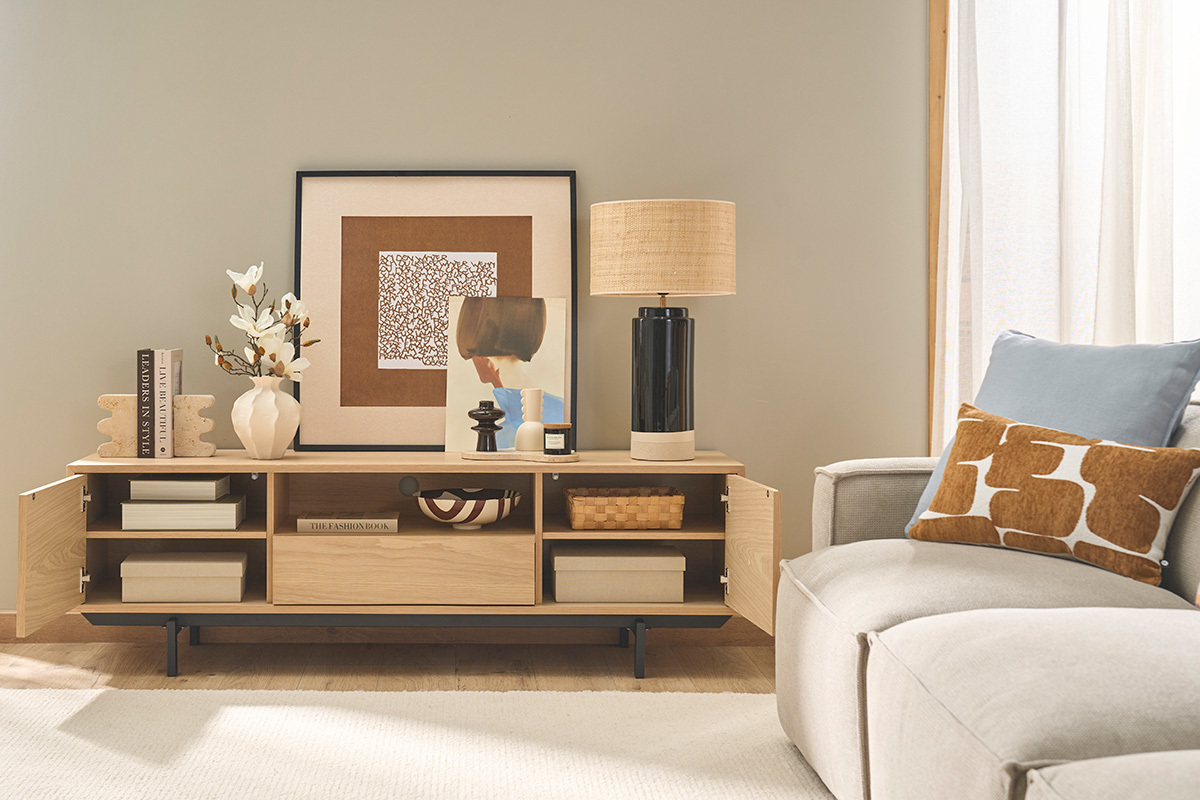 Mueble de TV acabado en roble con nicho abierto L160 cm MANNY