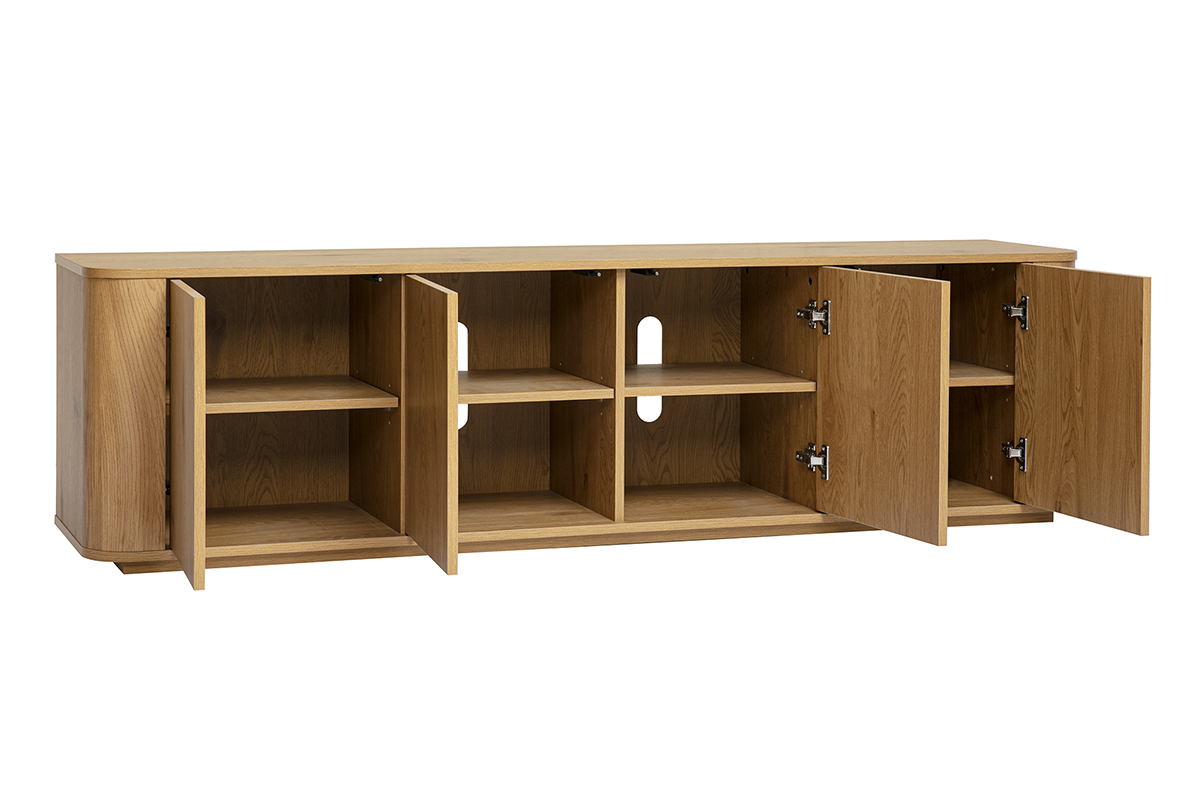 Mueble de TV de madera clara de roble con 4 puertas, vista en 3/4, nichos de almacenamiento visibles.