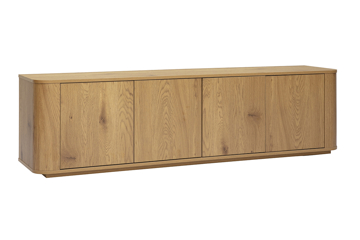 Mueble de TV NEGAN en madera clara de roble, 4 puertas, vista en 3/4, longitud 180 cm.