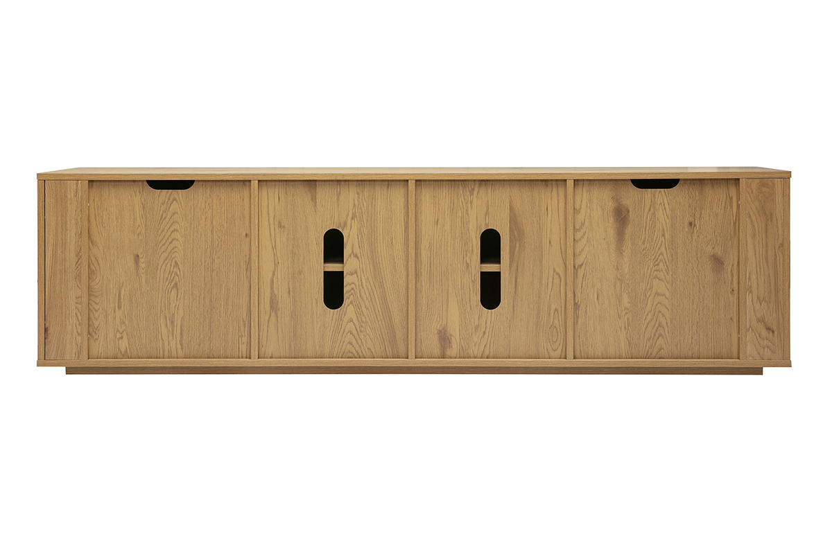 Mueble de TV de madera clara roble con 4 puertas, vista trasera