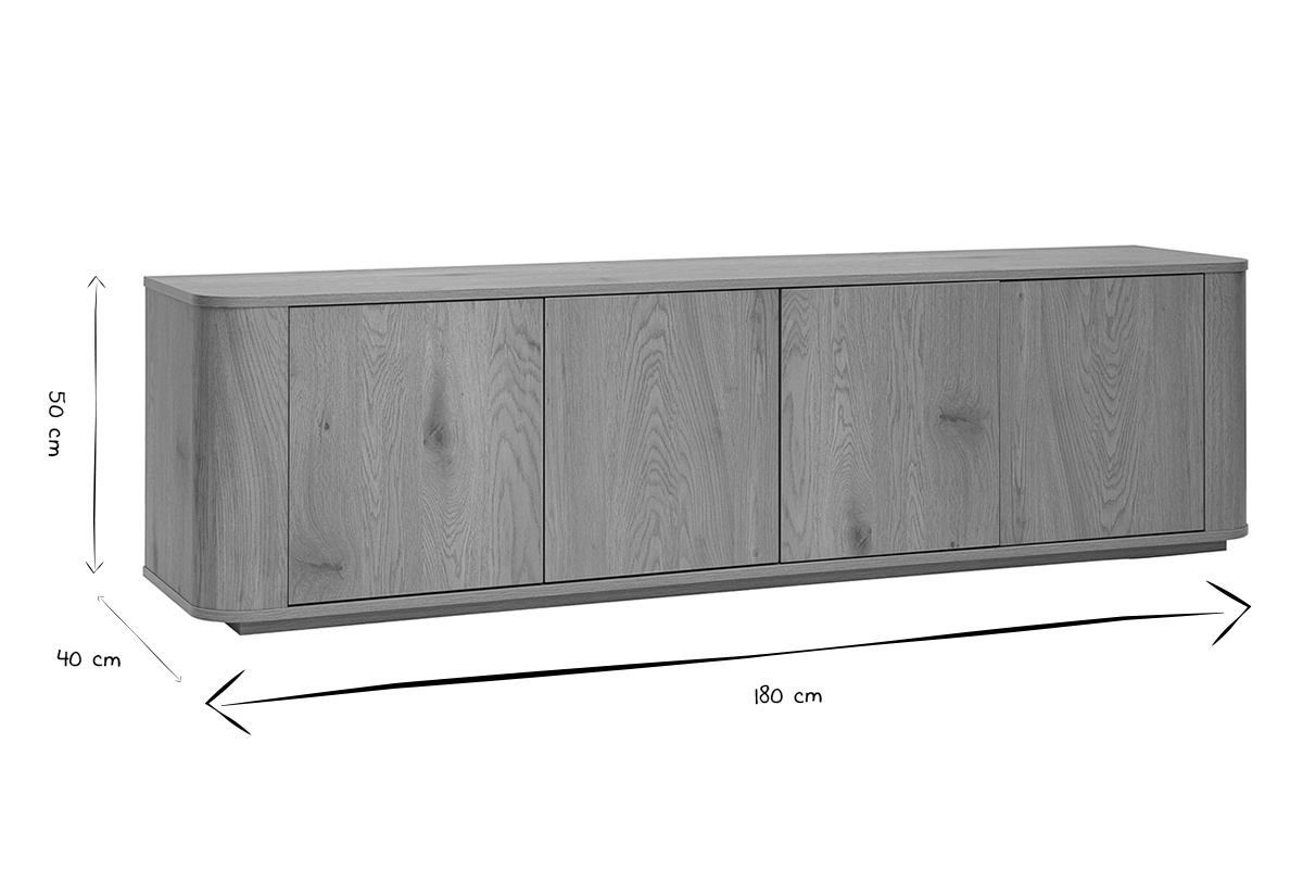 Dimensiones del mueble de TV NEGAN: 180 cm de largo, 50 cm de alto y 40 cm de profundidad en negro y blanco.