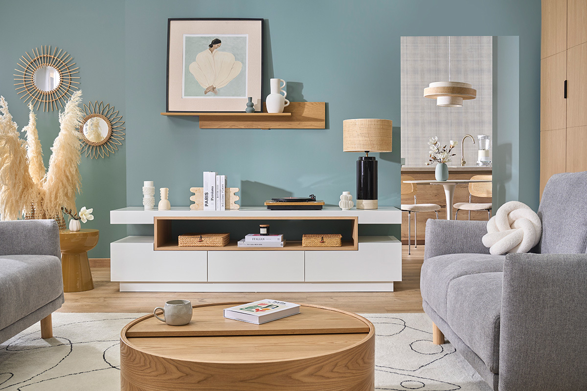 Mueble de TV de dise�o blanco y madera L200 cm LIVO
