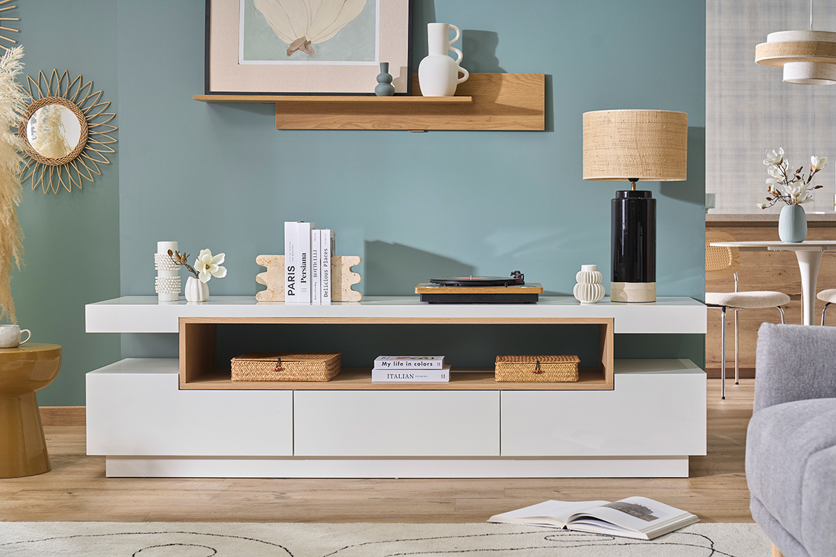 Mueble de TV de dise�o blanco y madera L200 cm LIVO