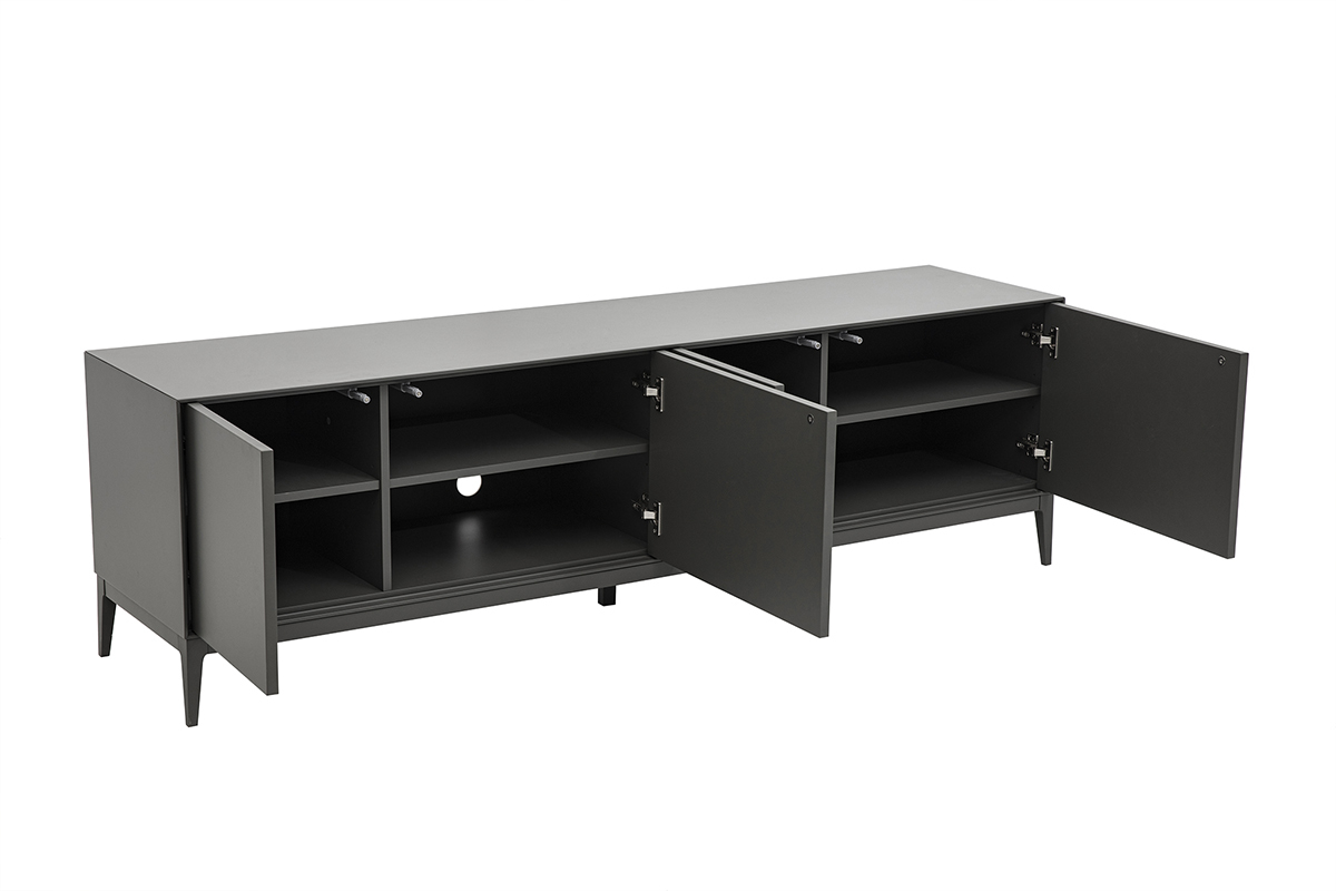 Mueble para TV gris brillante con puertas abiertas, vista de 3/4.