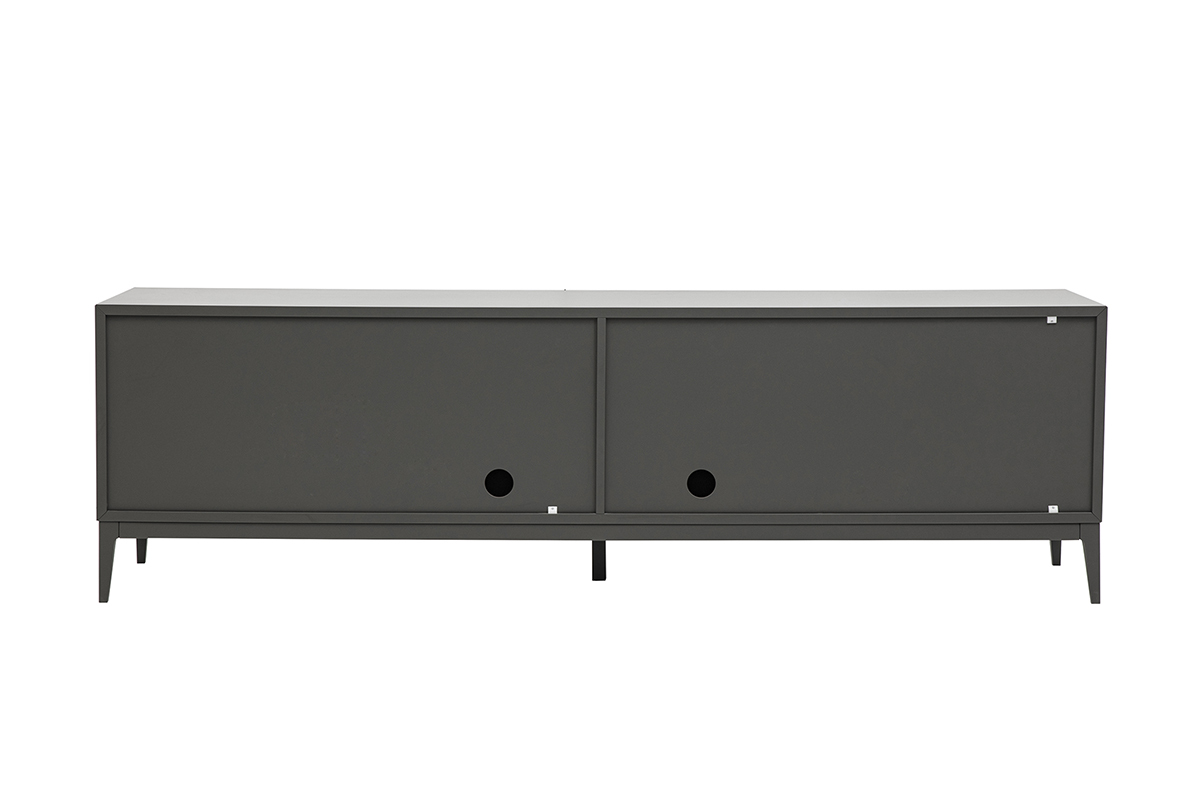 Mueble de TV de dise�o gris brillante con almacenamiento, vista trasera.