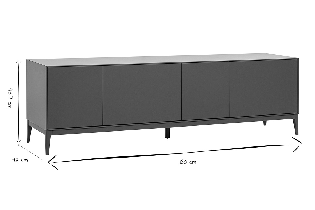 Dimensiones del mueble TV de dise�o lacado gris: L180 cm, H43,7 cm, P42 cm en negro y blanco.