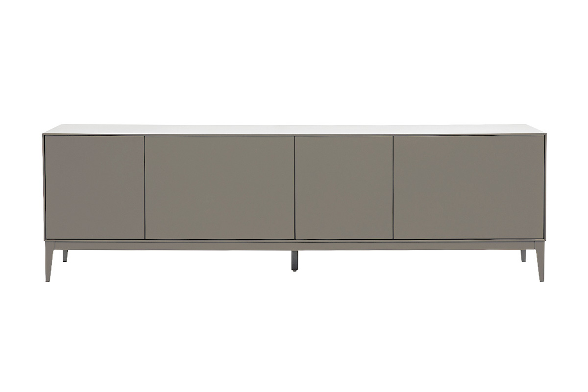 Mueble TV de dise�o gris lacado mate con almacenaje, vista frontal, dimensiones L180 cm.