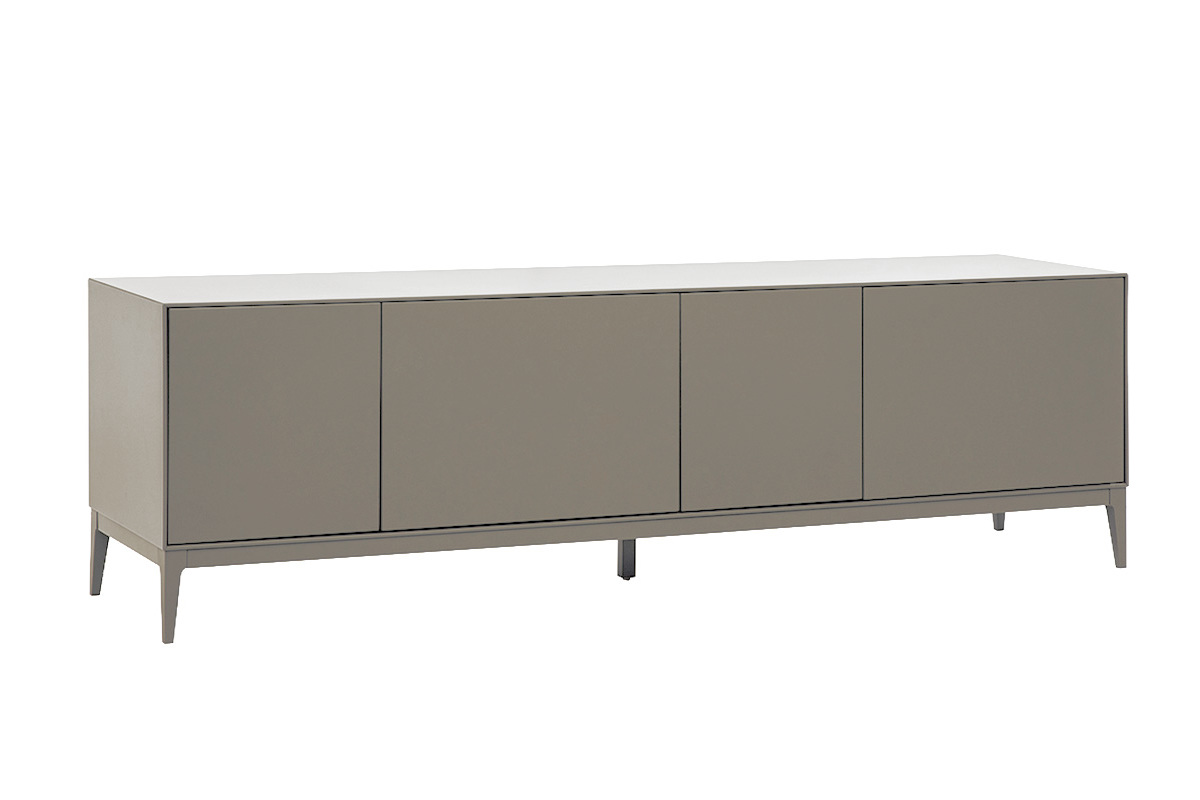Mueble de TV de dise�o gris lacado mate con almacenamiento, vista de 3/4.