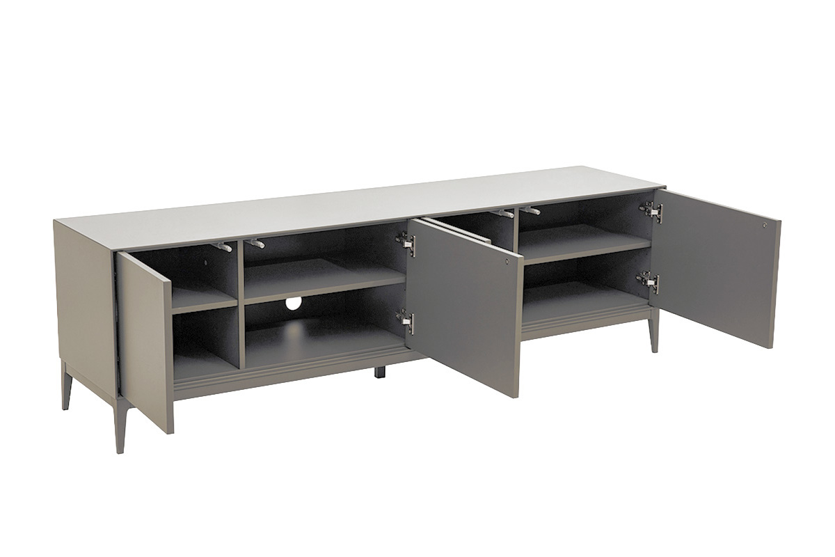 Mueble de TV de dise�o gris lacado mate con cuatro compartimentos, vista en 3/4.