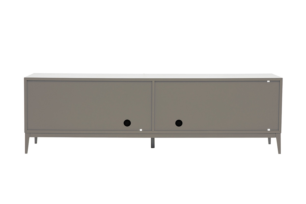 Mueble TV de dise�o gris lacado mate con almacenamiento, vista trasera, L180 cm.
