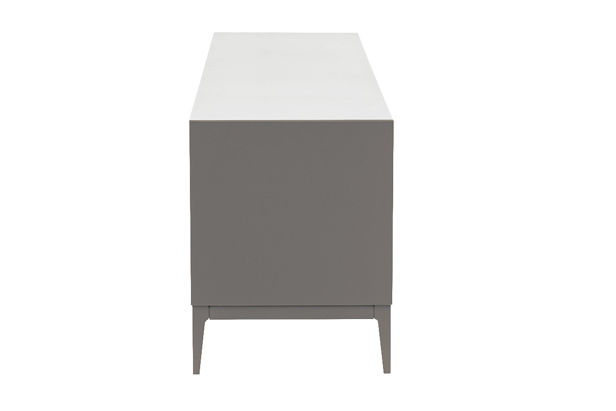 Mueble de TV de dise�o gris lacado mate, vista de perfil, con patas de madera maciza.