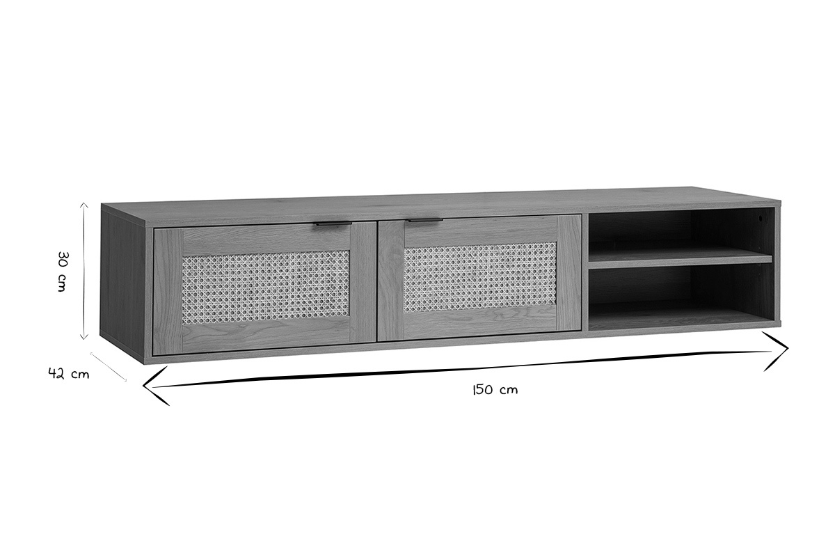 Dimensiones del mueble para TV de pared MANILLE, L150 x P42 x H30 cm, en negro y blanco.