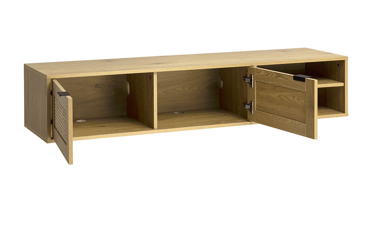 Mueble de TV de pared en madera clara con puertas de rat�n abiertas, vista de 3/4.