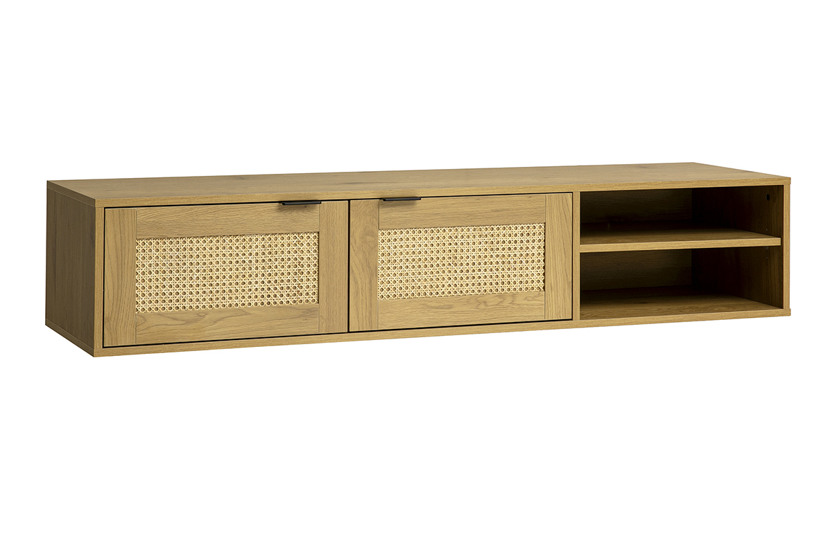 Mueble de TV de pared de madera clara, tejido de rat�n, dos puertas, vista 3/4.