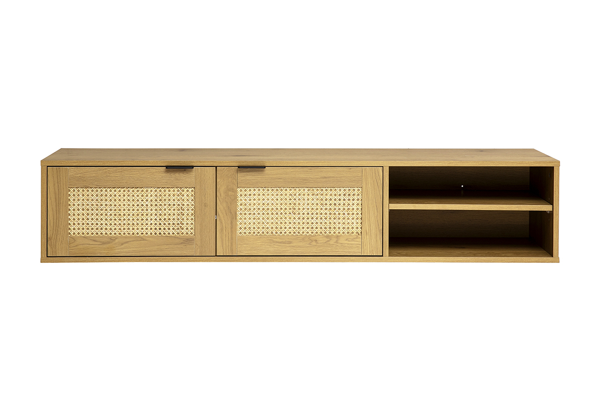 Mueble para TV de pared en madera clara, tejido de rat�n, 2 puertas, nichos, vista frontal.