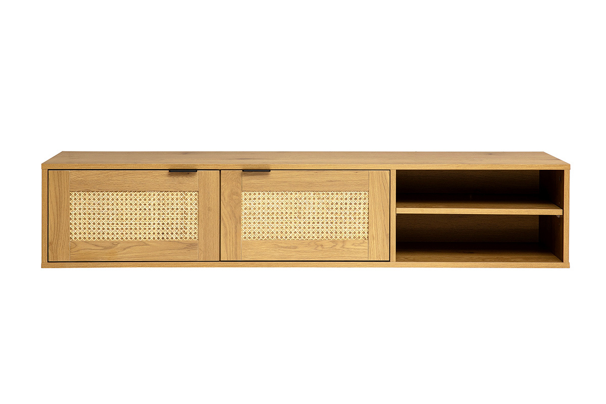 Mueble de TV de pared acabado en madera clara y tejido de rat�n 2 puertas L150 cm MANILA