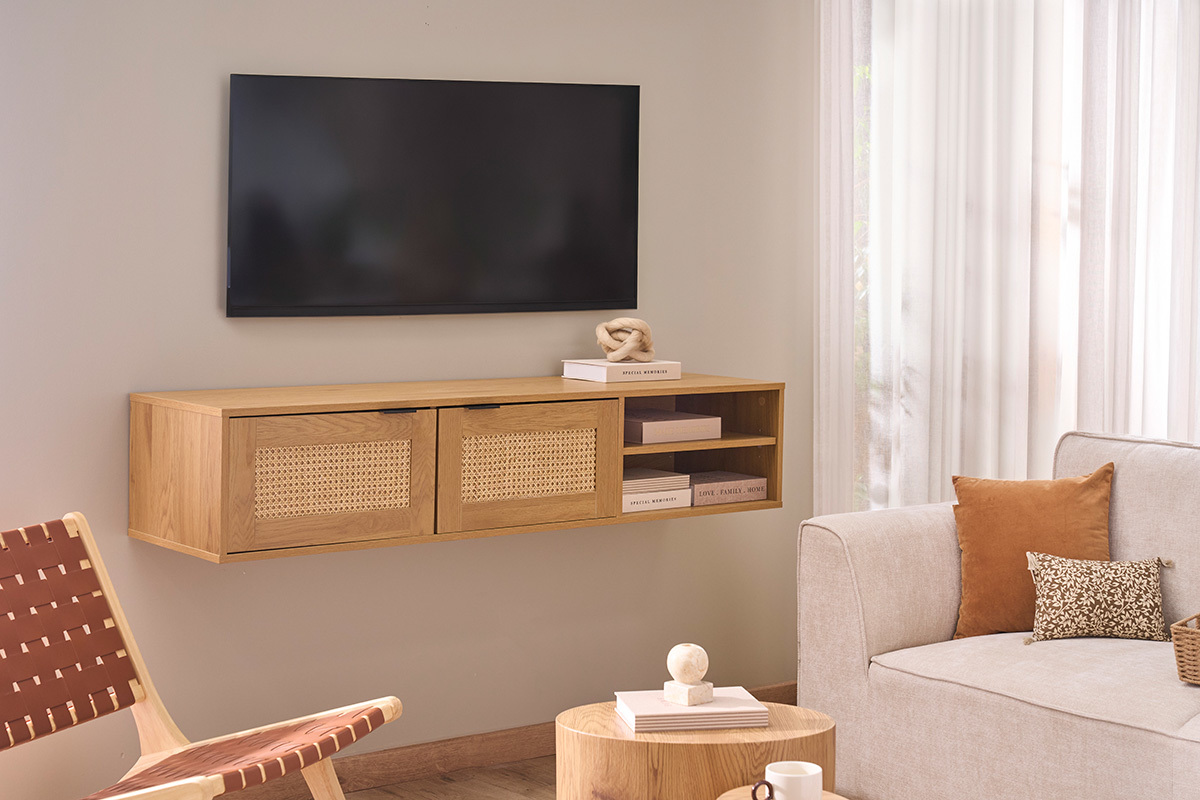 Mueble de TV de pared acabado en madera clara y tejido de rat�n 2 puertas L150 cm MANILA
